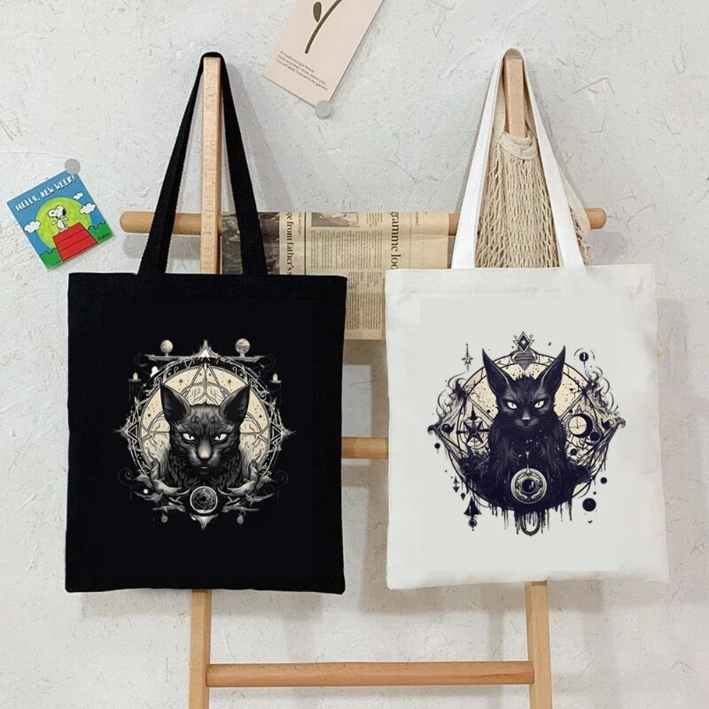 Women Bags For Office - Halloween Gothic-style Dark Cat Canvas Tote
