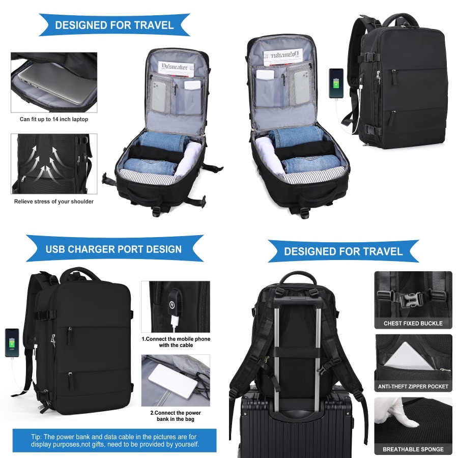 Women Bags Laptop - 【New Arrival】Black Travel Backpack with USB